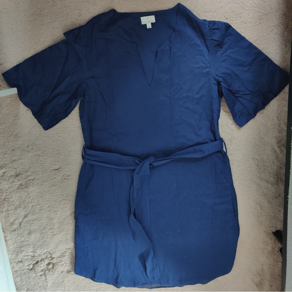 Miguelina Dark Blue Mini Shift Dress Size Medium Cap Sleeve Split Neck Pencil